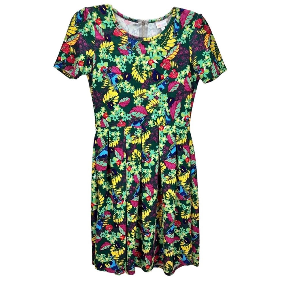 LULAROE Green‎ Bright Tropical Floral Textured Pleated A-Line Dress Sz Medium